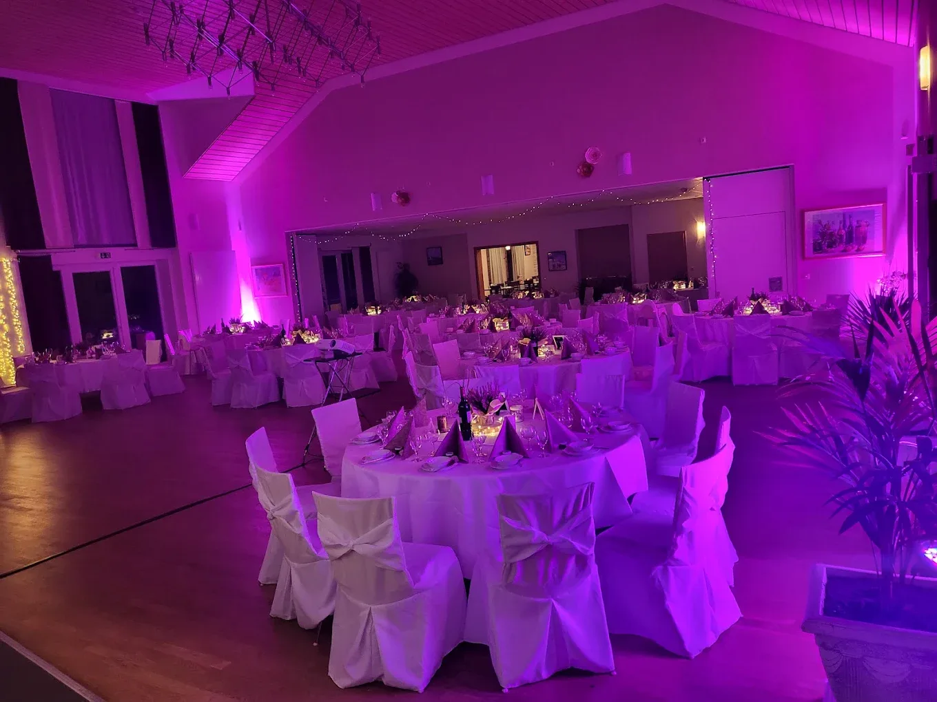 Hochzeit im Saal: runde Tische, weiße Stuhlhussen mit Schleifen, violettes Licht
