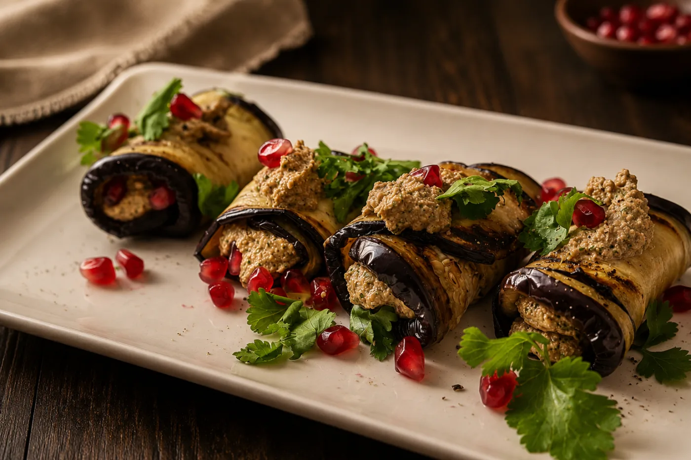 Gebratene Auberginenröllchen mit Walnusspaste, Granatapfel und Koriander — von Natur aus vegan