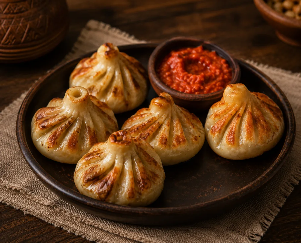 Khinkali gebraten mit Adjika – georgisches Gericht